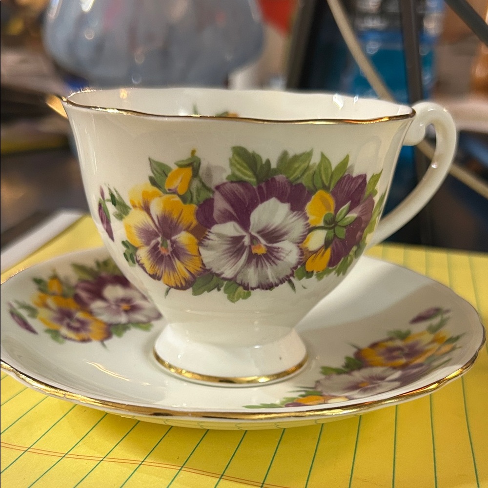 Floral Teacup and Saucer Set - Purple and Yellow